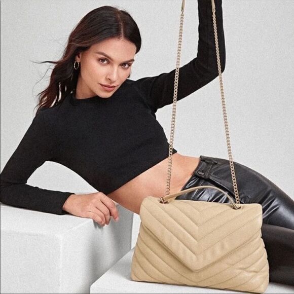 NEW Nude Beige Quilted Flap chain Shoulder Handbag - Picture 4 of 8